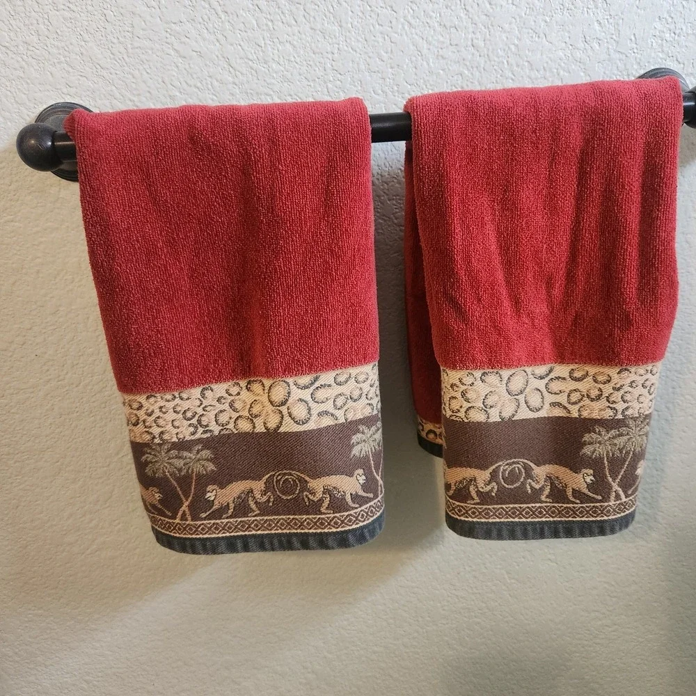 Vtg 90s HAMPTON MANOR Monkey Cheatah Rust Velour 4pc Hand /Wash Towel Set Brazil